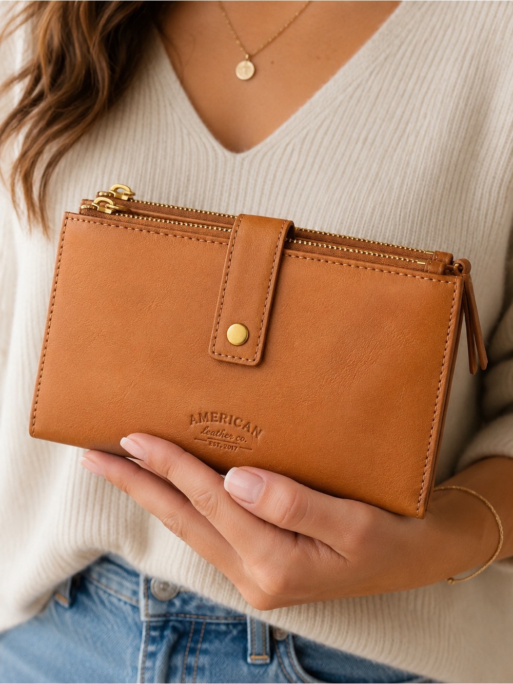 American Leather Co Genuine Leather Wallet Tan Double Zip Organizer India